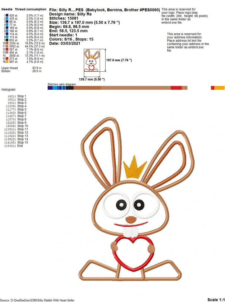 Silly Easter Rabbit with Heart - Applique