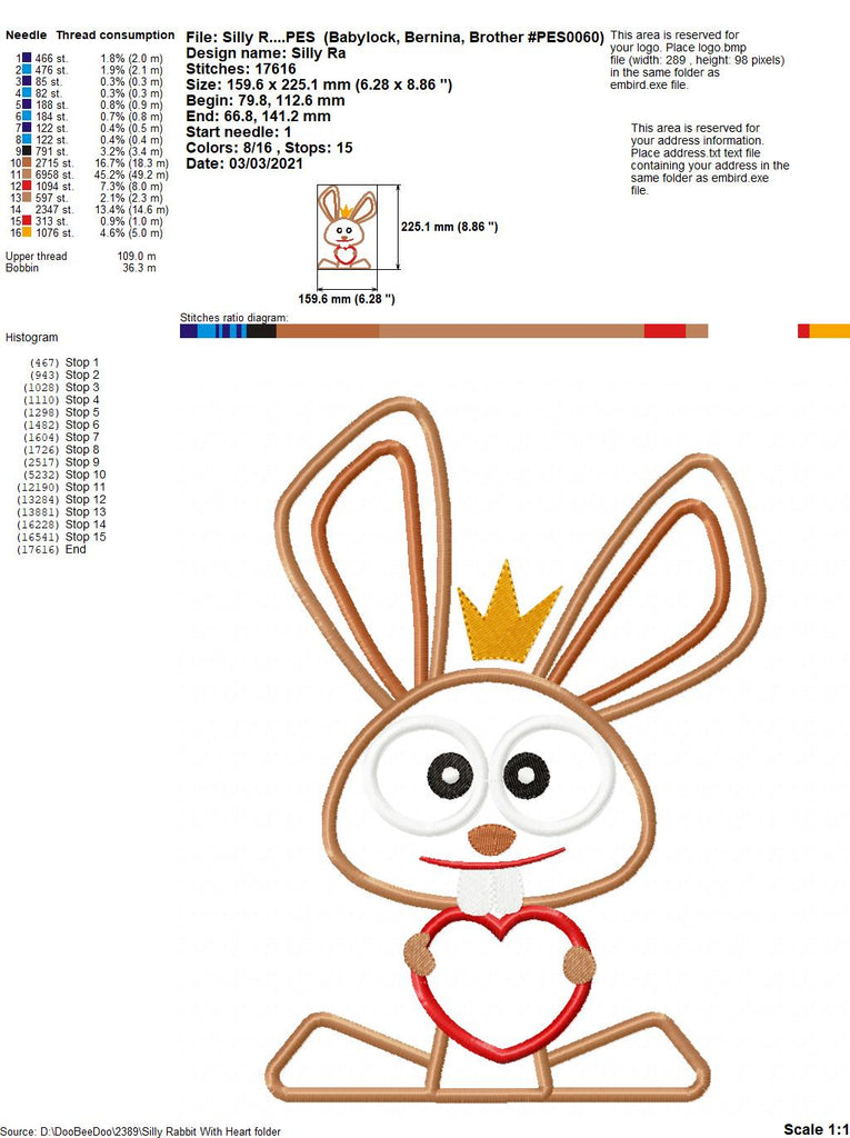 Silly Easter Rabbit with Heart - Applique