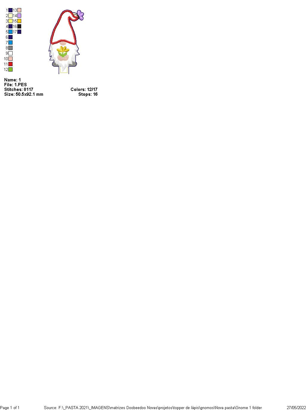 Gnome with Red Hat Pencil Topper - ITH Project - Machine Embroidery Design