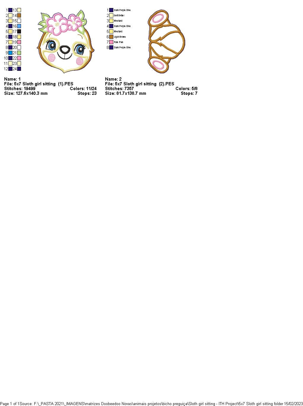 Sloth Girl with Flowers - ITH Project - Machine Embroidery Design