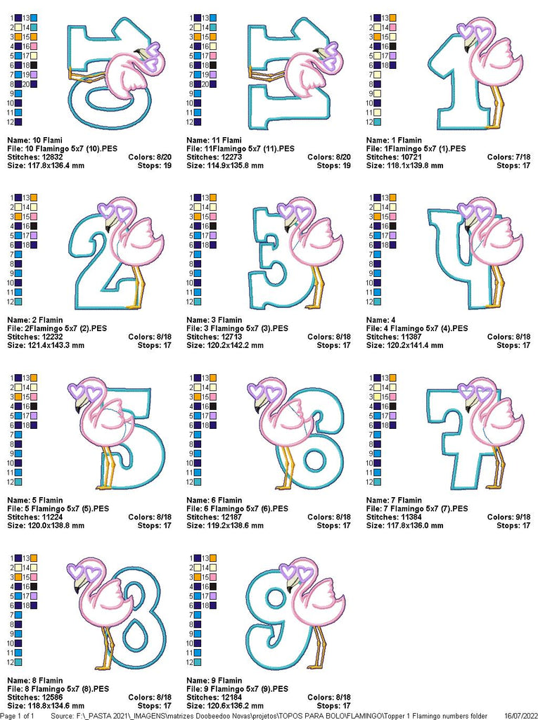 Flamingo and Pineapple Cake Topper Birthday Numbers 1-11 - ITH Project - Machine Embroidery Design