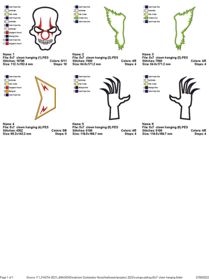 Clown Hanging Halloween - ITH Project - Machine Embroidery Design