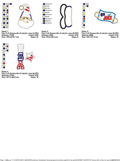 Gnome 4th of July for Vase - ITH Project - Machine Embroidery Design