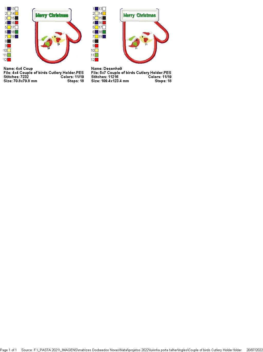 Christmas Birds Cutlery Holder - ITH Project - Machine Embroidery Design