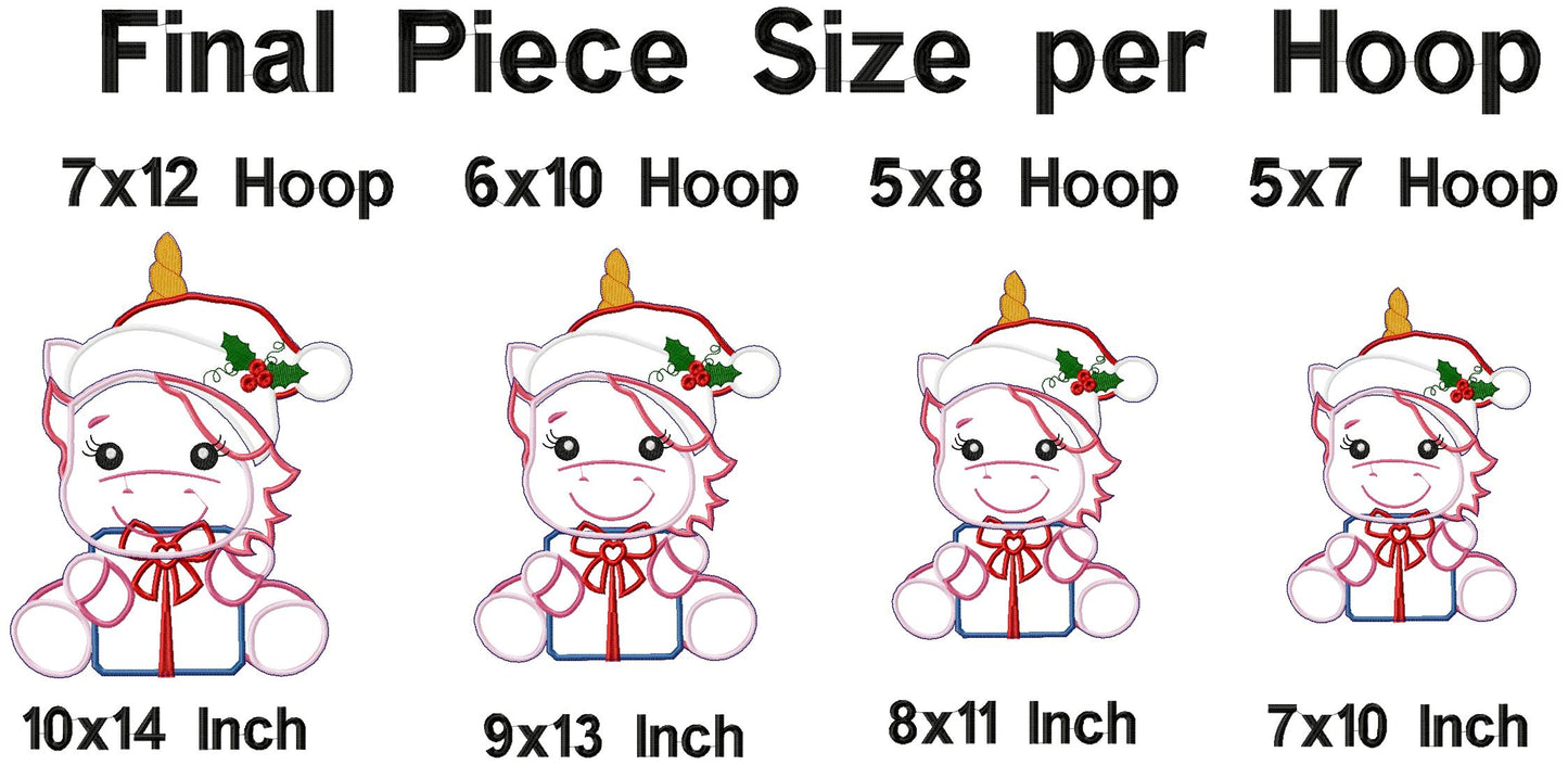 Christmas Unicorn Holding a Gift - ITH Project - Machine Embroidery Design