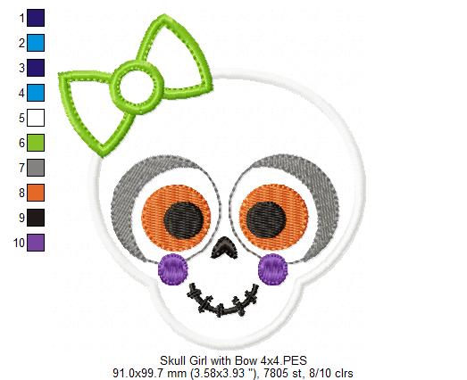 Skull Girl with Bow - Applique - Machine Embroidery Design