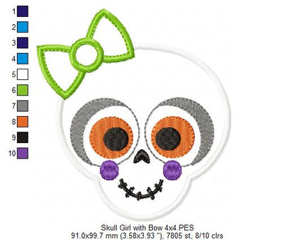 Skull Girl with Bow - Applique - Machine Embroidery Design