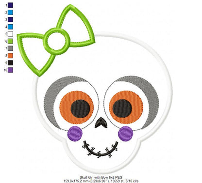 Skull Girl with Bow - Applique - Machine Embroidery Design