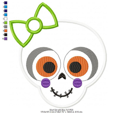 Skull Girl with Bow - Applique - Machine Embroidery Design