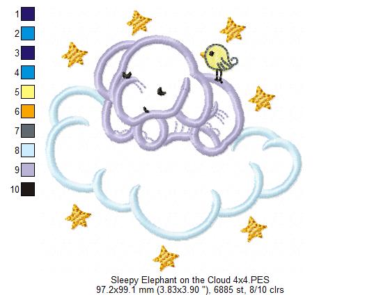 Sleepy Elephant on the Cloud - Applique Embroidery