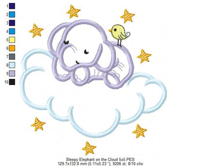 Sleepy Elephant on the Cloud - Applique Embroidery
