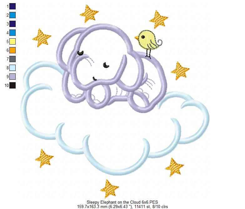 Sleepy Elephant on the Cloud - Applique Embroidery