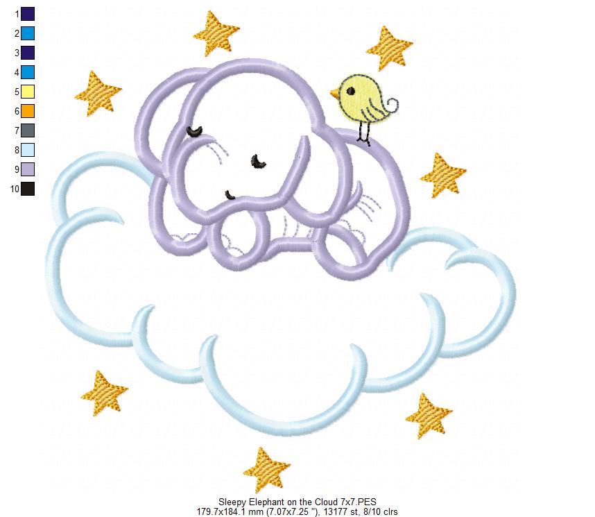 Sleepy Elephant on the Cloud - Applique Embroidery