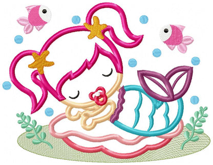 Cute Sleepy Mermaid - Applique - Machine Embroidery Design