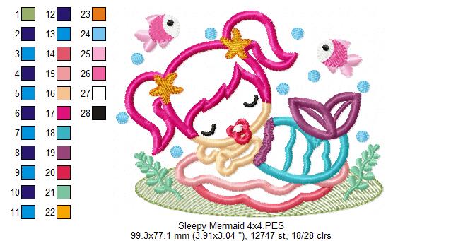 Cute Sleepy Mermaid - Applique - Machine Embroidery Design