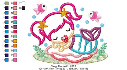 Cute Sleepy Mermaid - Applique - Machine Embroidery Design