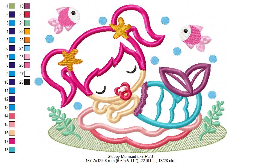 Cute Sleepy Mermaid - Applique - Machine Embroidery Design
