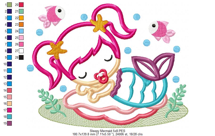Cute Sleepy Mermaid - Applique - Machine Embroidery Design