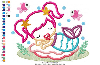 Cute Sleepy Mermaid - Applique - Machine Embroidery Design