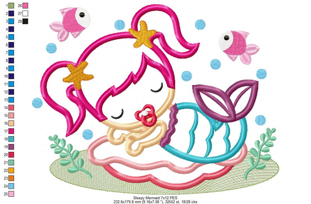 Cute Sleepy Mermaid - Applique - Machine Embroidery Design