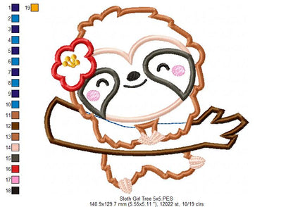 Sloth Girl with Hibiscus Flower - Applique