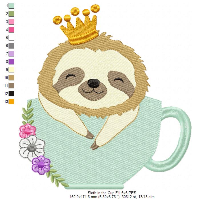Prince Sloth in the Cup - Fill Stitch