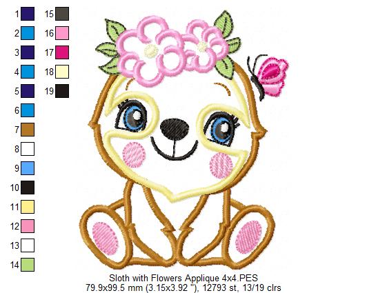 Sloth Girl with Flowers - Applique