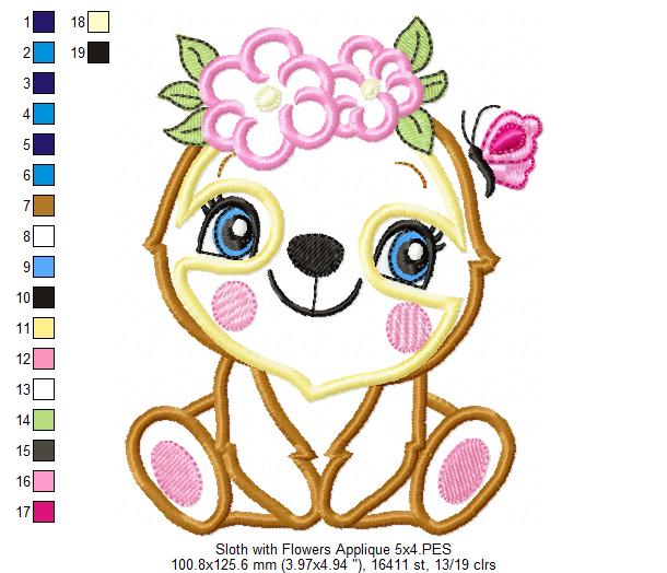 Sloth Girl with Flowers - Applique & Fill Stitch - Set of 2 designs