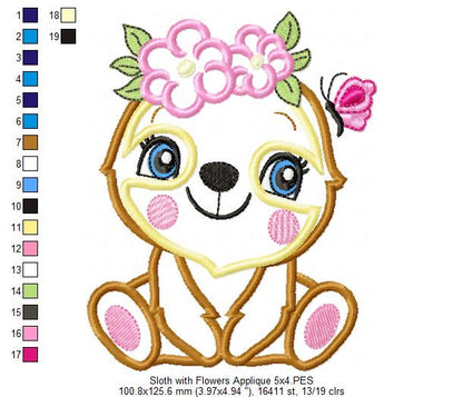 Sloth Girl with Flowers - Applique & Fill Stitch - Set of 2 designs