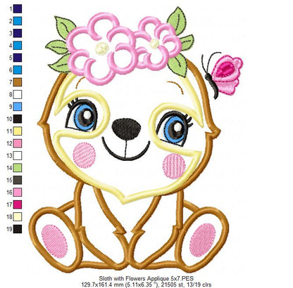 Sloth Girl with Flowers - Applique