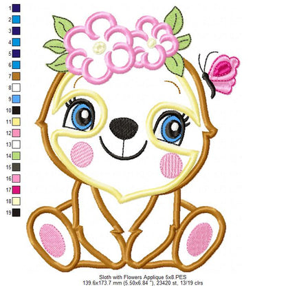 Sloth Girl with Flowers - Applique