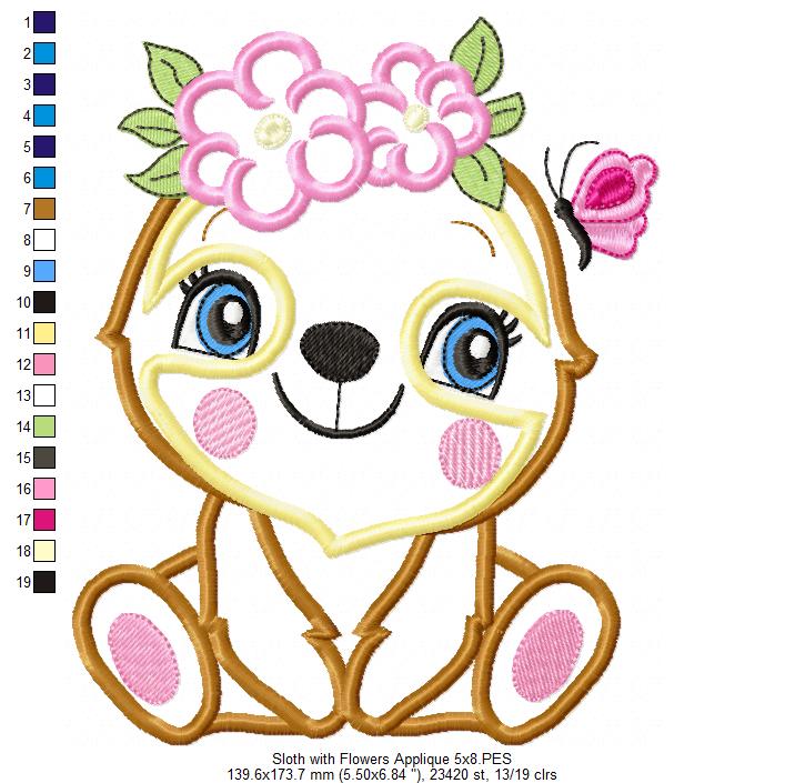 Sloth Girl with Flowers - Applique