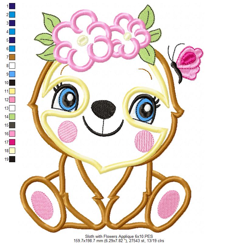 Sloth Girl with Flowers - Applique