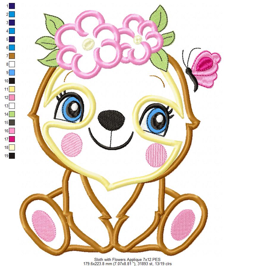 Sloth Girl with Flowers - Applique