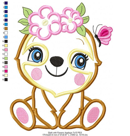 Sloth Girl with Flowers - Applique & Fill Stitch - Set of 2 designs