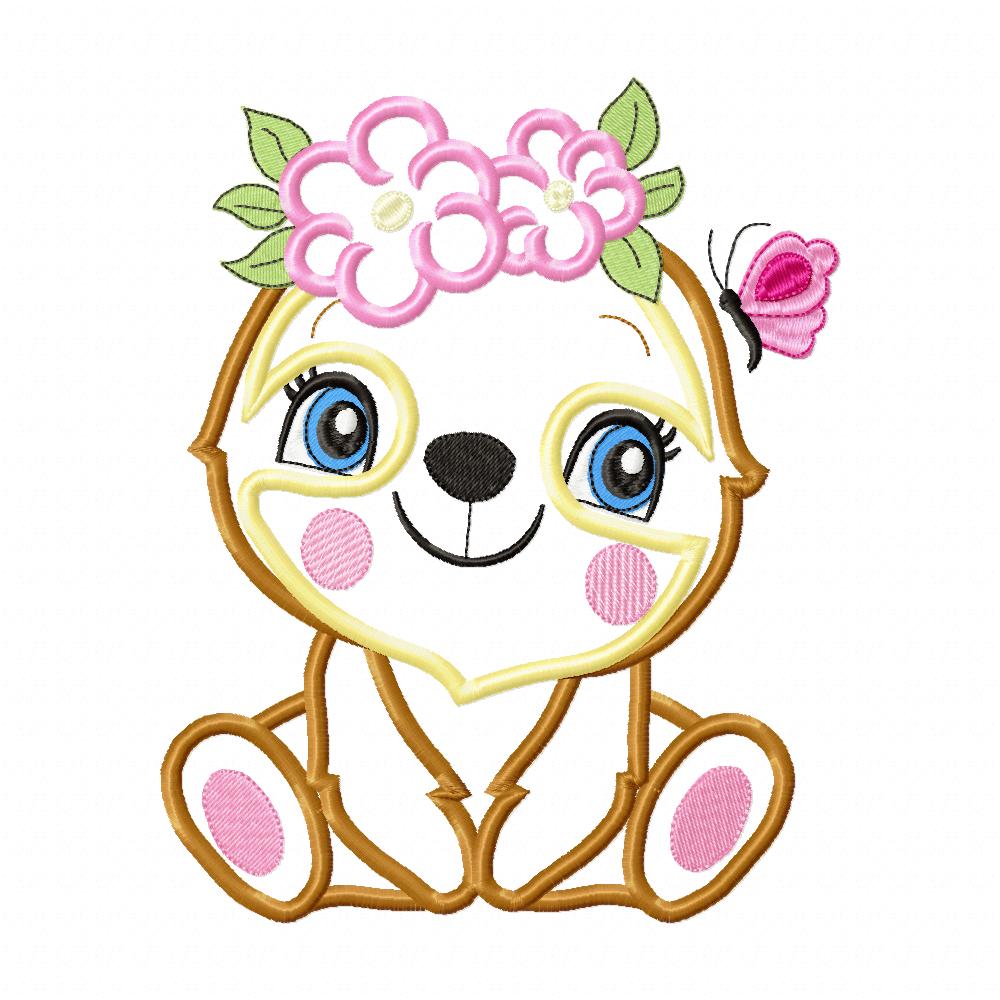 Sloth Girl with Flowers - Applique