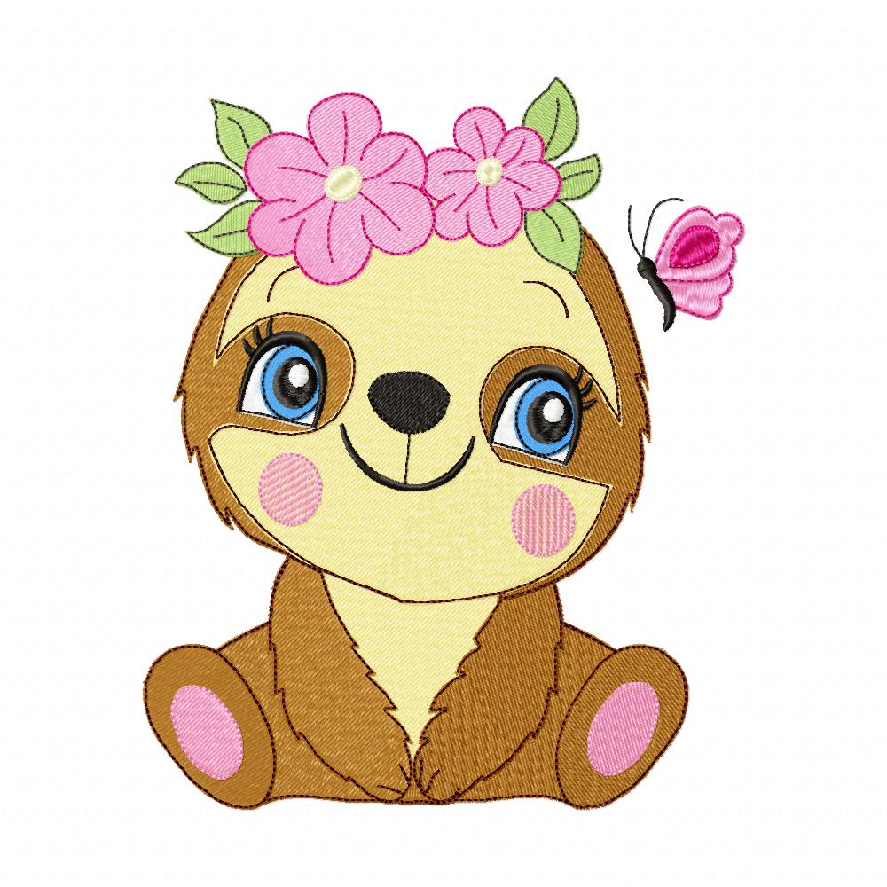 Sloth Girl with Flowers - Fill Stitch Embroidery