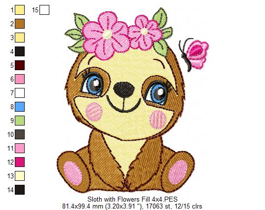 Sloth Girl with Flowers - Fill Stitch Embroidery