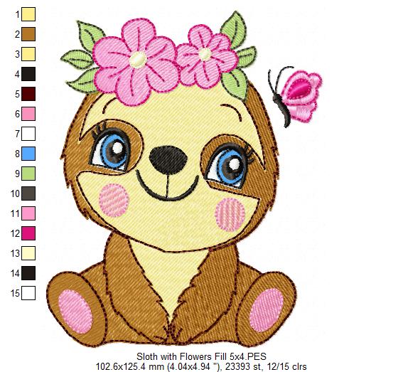 Sloth Girl with Flowers - Fill Stitch Embroidery