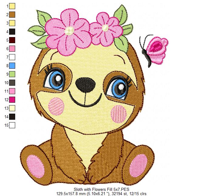 Sloth Girl with Flowers - Applique & Fill Stitch - Set of 2 designs