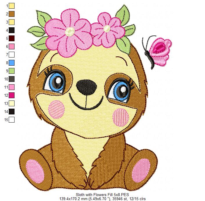 Sloth Girl with Flowers - Fill Stitch Embroidery