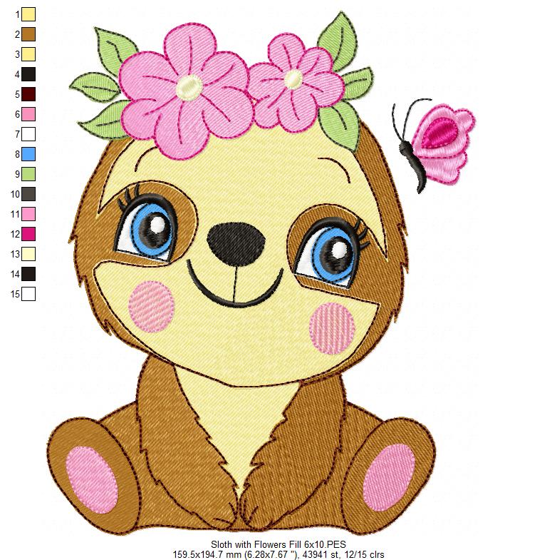 Sloth Girl with Flowers - Fill Stitch Embroidery