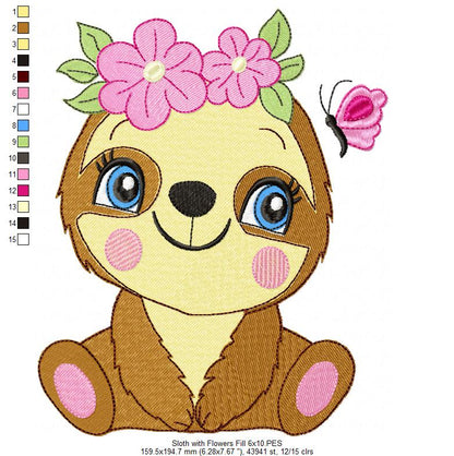 Sloth Girl with Flowers - Applique & Fill Stitch - Set of 2 designs