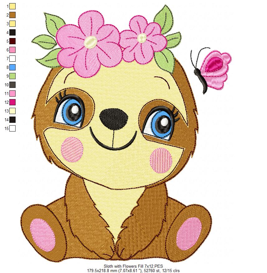 Sloth Girl with Flowers - Fill Stitch Embroidery