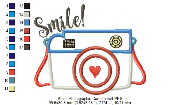 Photographic Camera Smile! - Applique - Machine Embroidery Design