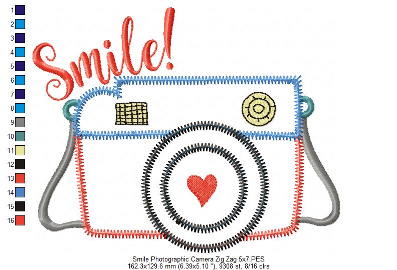 Smile Camera Zig Zag – Appliqué – Machine Embroidery Design