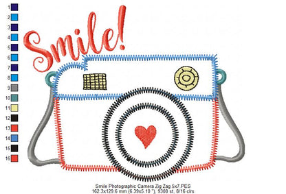 Smile Camera Zig Zag – Appliqué – Machine Embroidery Design