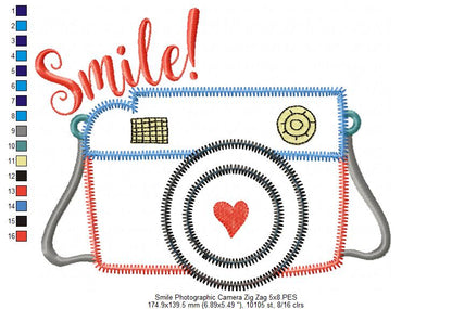 Smile Camera Zig Zag – Appliqué – Machine Embroidery Design