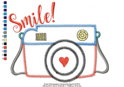 Smile Camera Zig Zag – Appliqué – Machine Embroidery Design