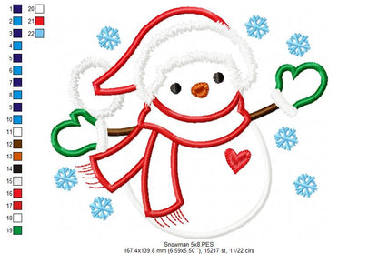 Snowman and Snowflakes - Applique - Machine Embroidery Design